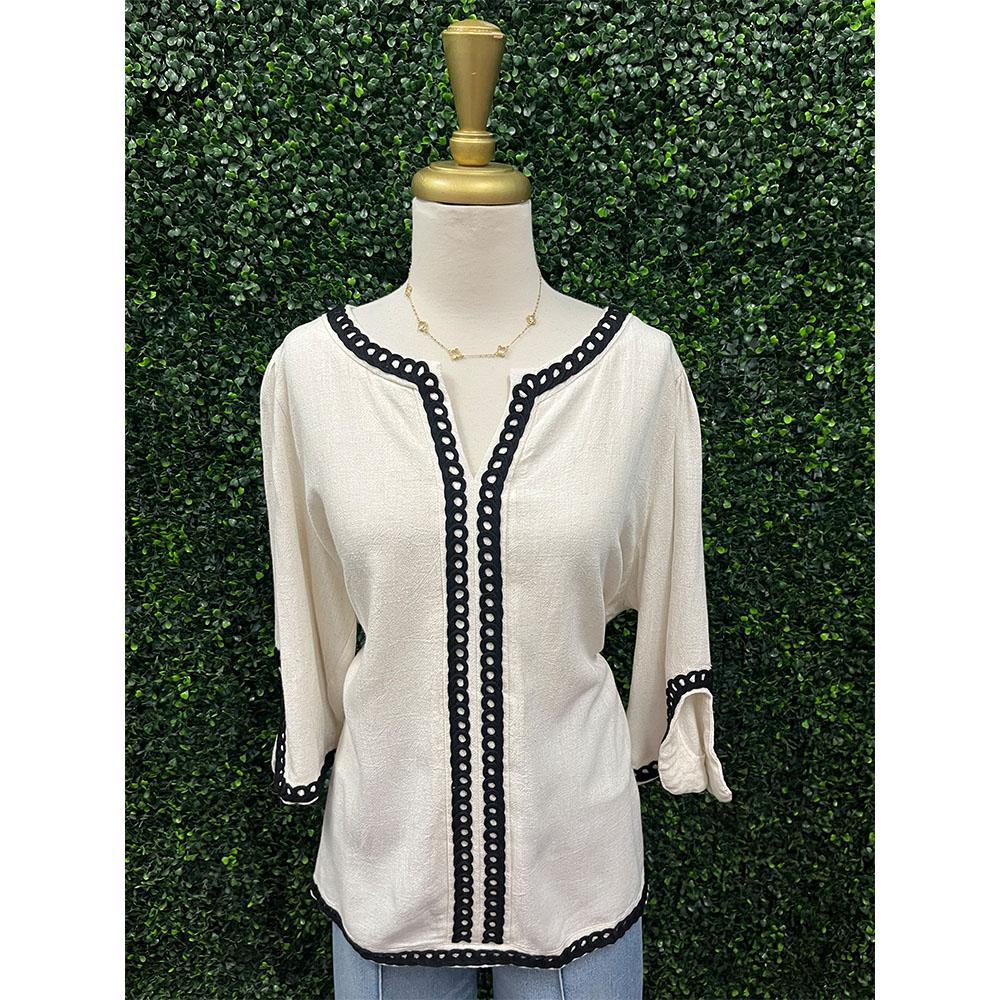 Jenay Oatmeal Embroidered Linen Top