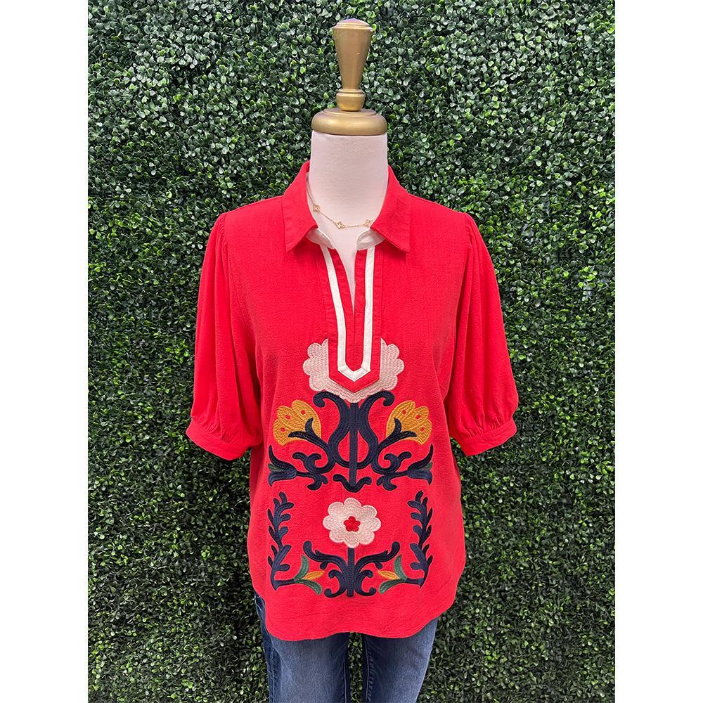 Tomato Flower Embroidered Top