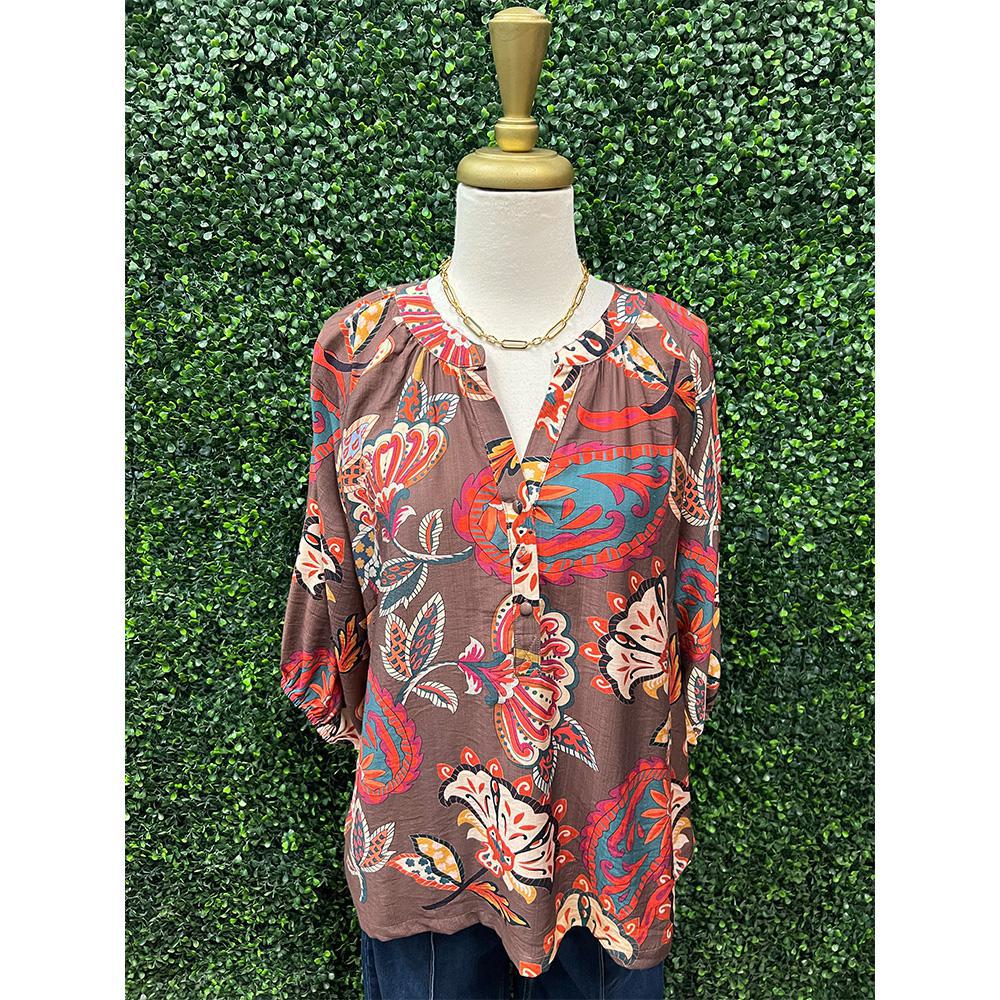 Emerly Mocha Print Top
