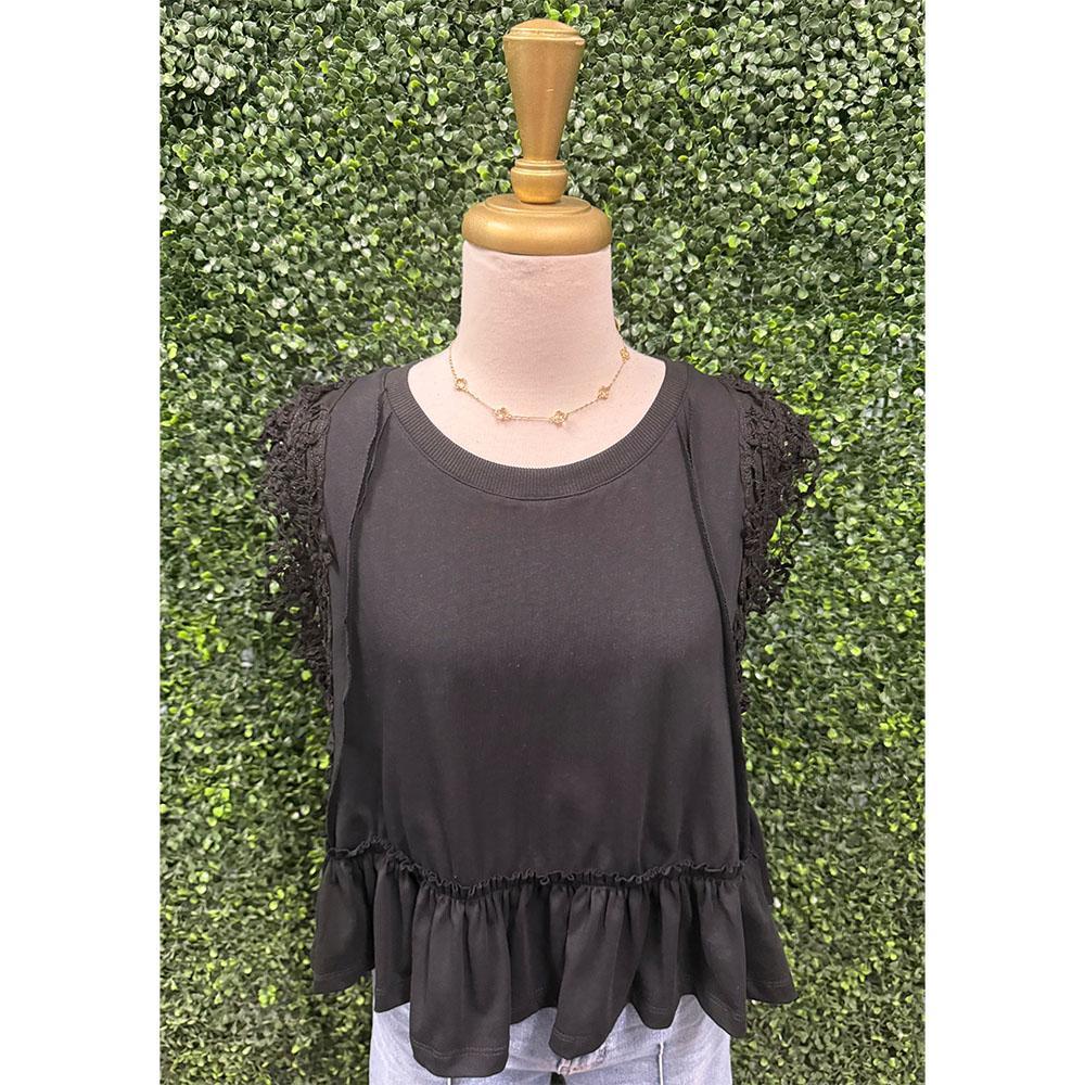Jenna Black Side Lace Trim Ruffle Hem Top