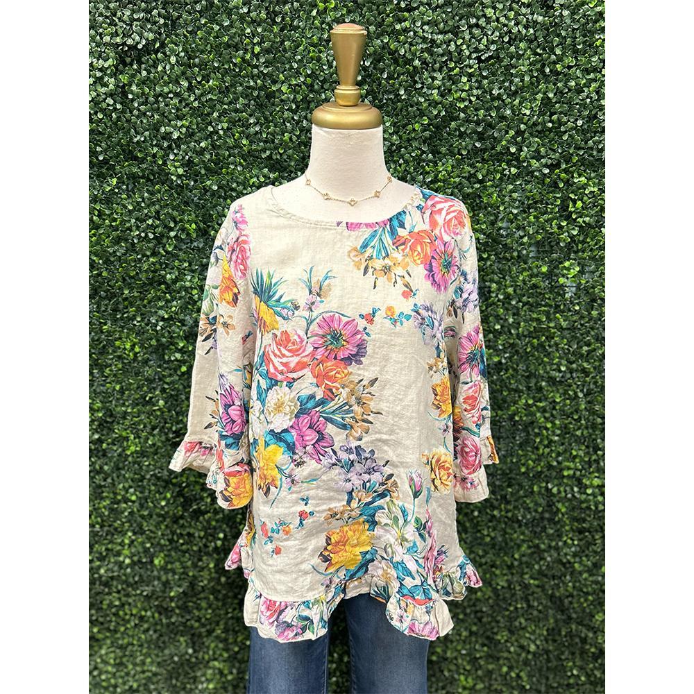 Anna Beige Floral Linen Top