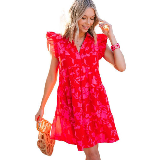 Red & Pink Floral Tiered Mini Dress