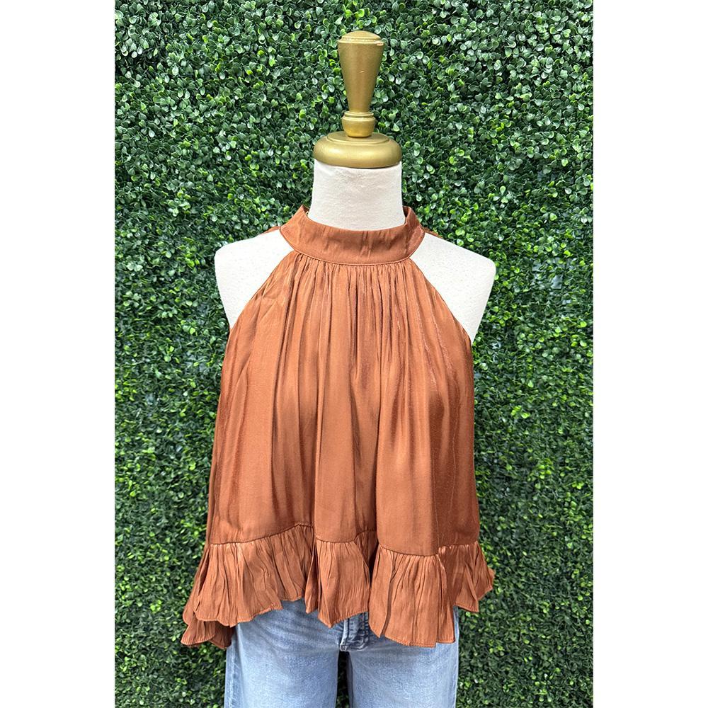 Hera Bronze Metallic Ruffle Halter Top