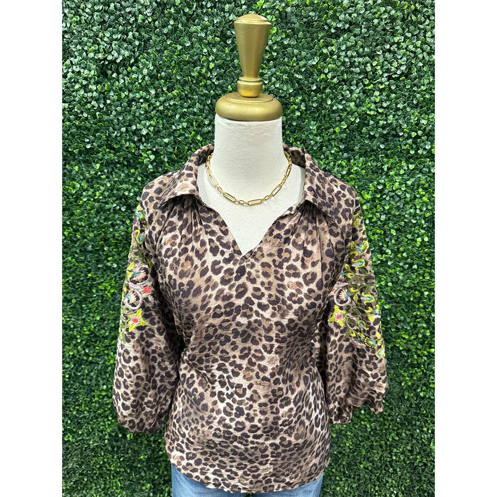 Jeanine Olive Embroidered Leopard Top