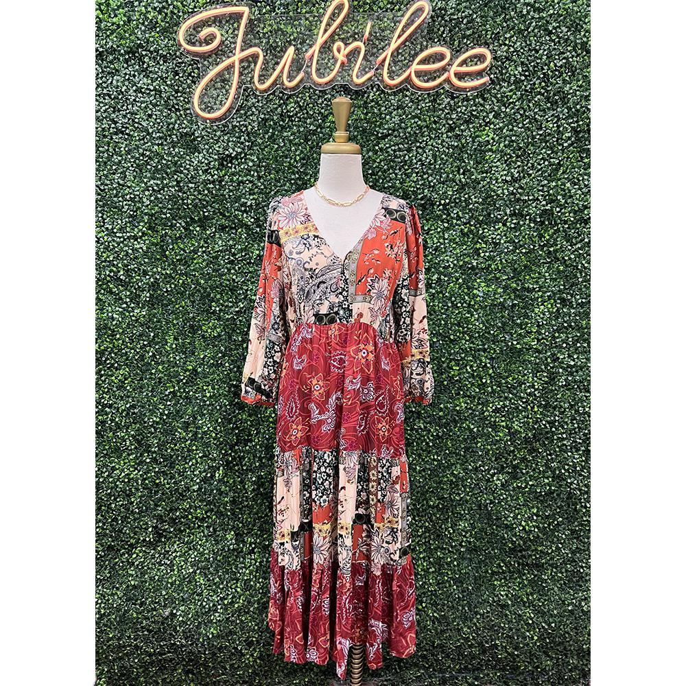 Gianna Marsala Mixed Print Midi Dress