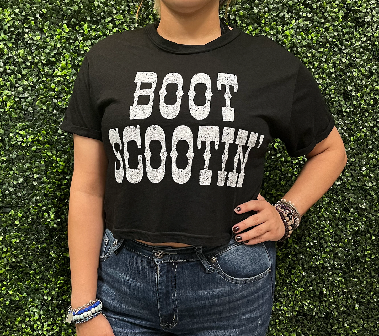 Black Boot Scootin Crop Top Tee