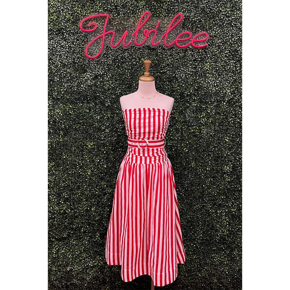 Red Stripe Strapless Midi Dress