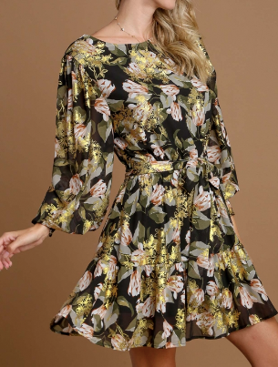 Gold Floral Print Dress