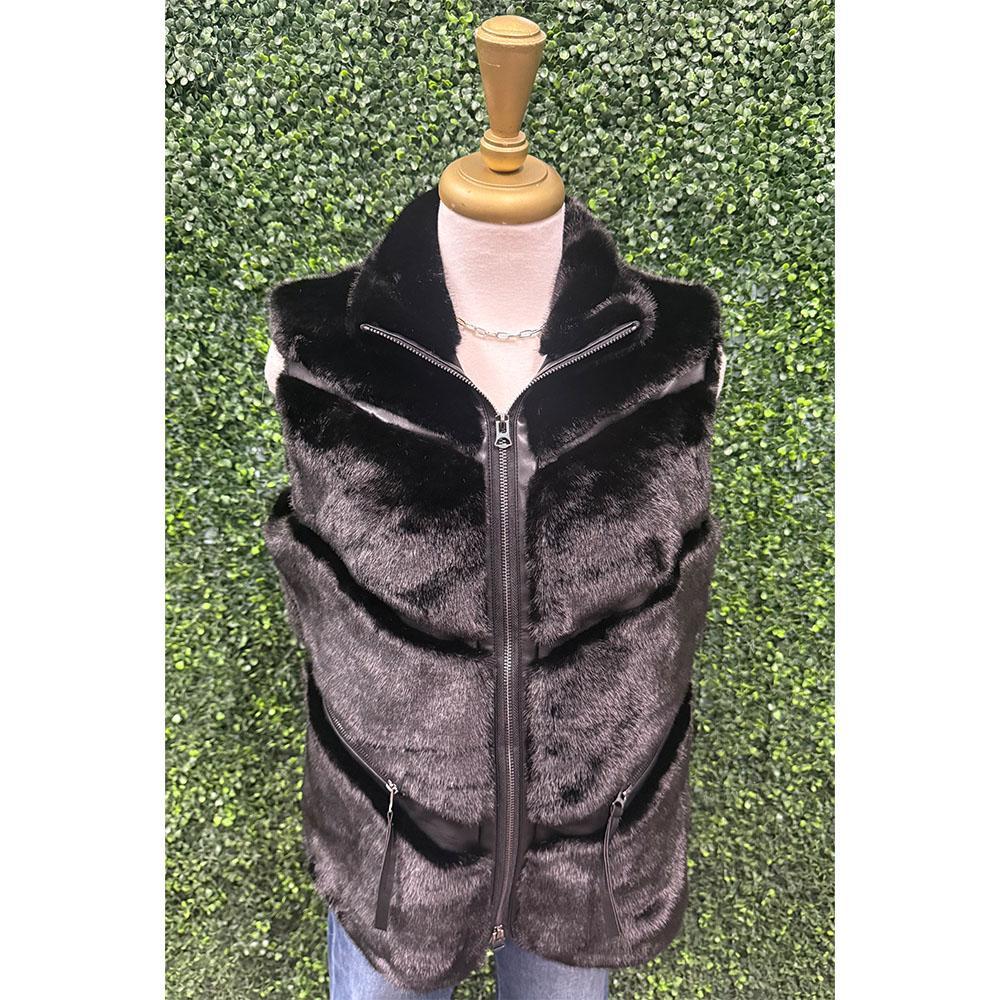 Kayla Black Chevron Panel Faux Fur Vest