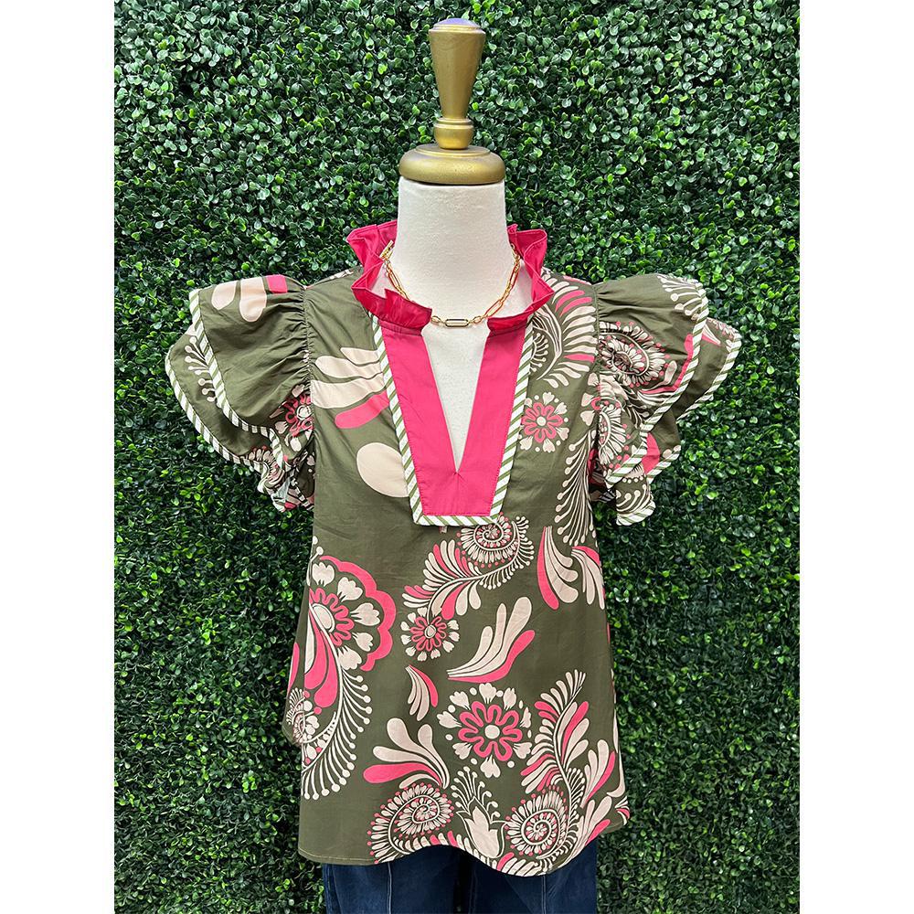 Paisley Olive & Pink Flutter Sleeve Top