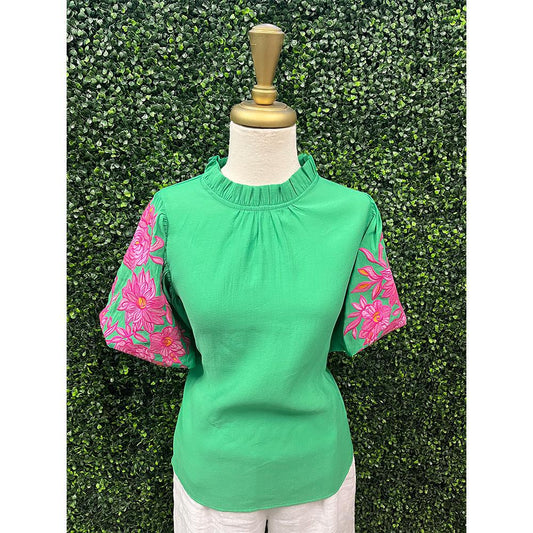 Greenly Floral Embroidered Puff Sleeve Top