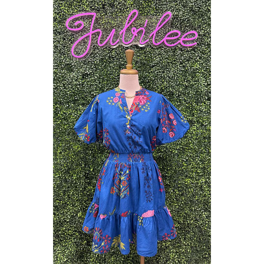 Persephone Blue Puff Sleeve Floral Dress