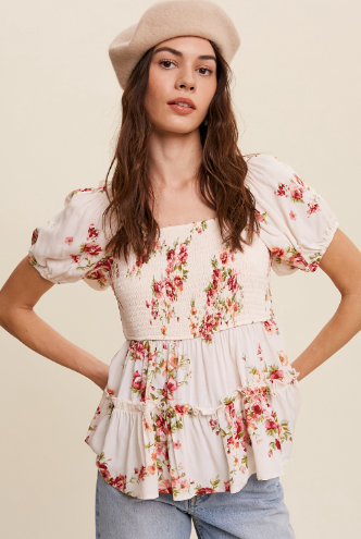 Flower Print Cinched Bust Babydoll Top