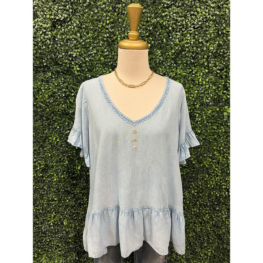Light Denim Rayon Ruffle Top