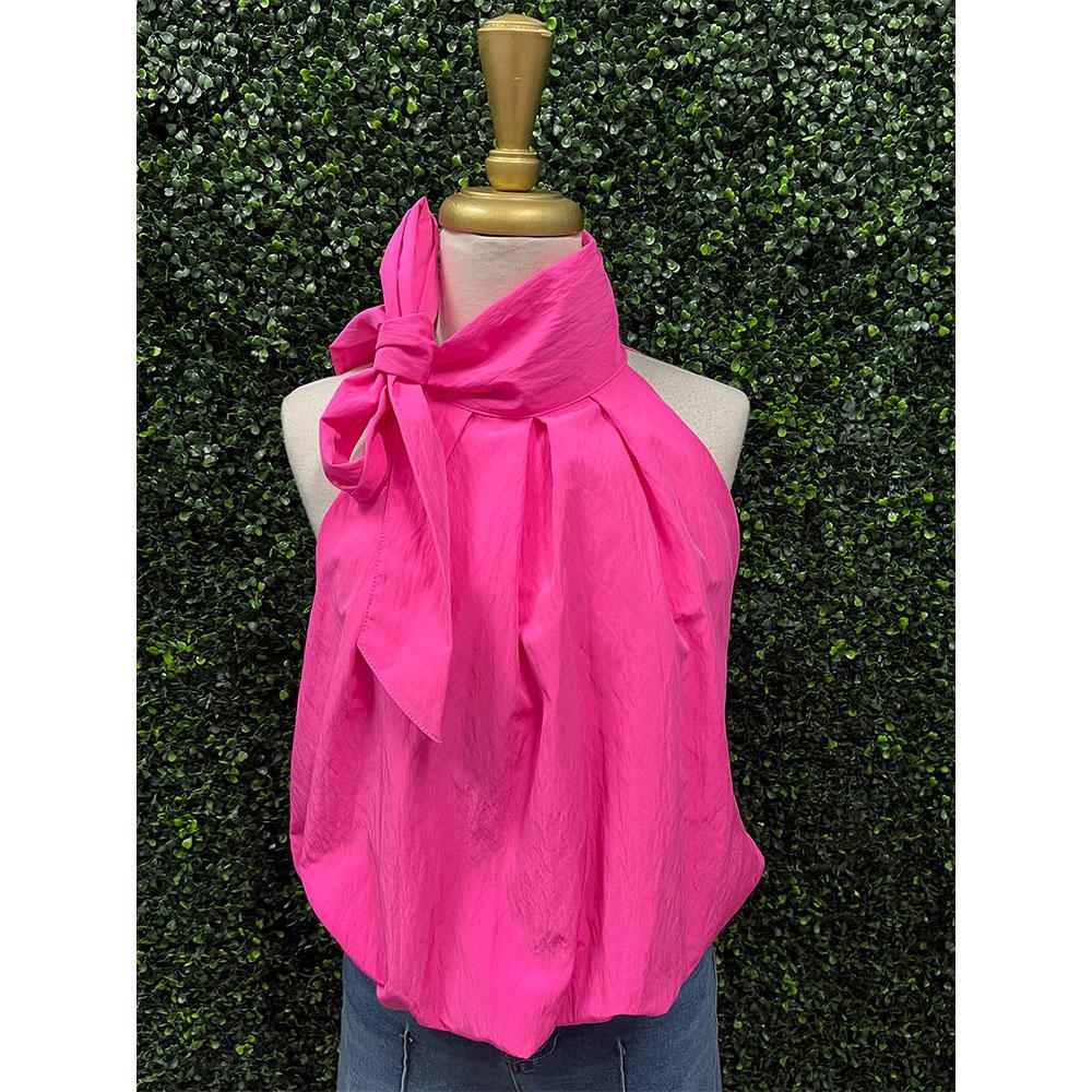 Hillary Hot Pink High Neck Tie Wrap Top