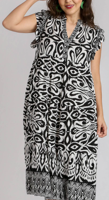 Black And White V-Neck Tiered Midi Dress with Ruffle Sleeves