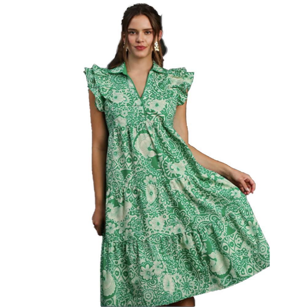 Green Two Tone Paisley Print A-Line Collared Tiered Midi Dress