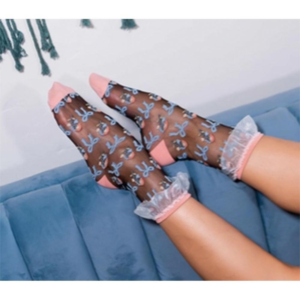 Floral Bow Ruffle Black Sheer Ankle Sock