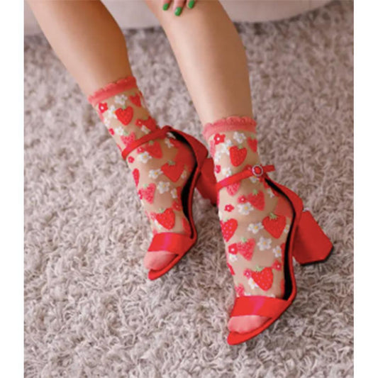 Strawberry Daisy Ruffle Sheer Crew Sock