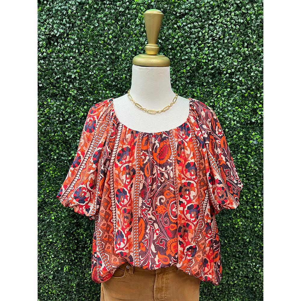 Belin Boho Floral Stripe Puff Sleeve Blouse