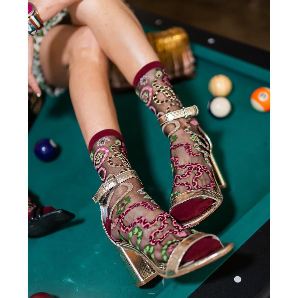 Serpentine Floral Black Sheer Crew Socks