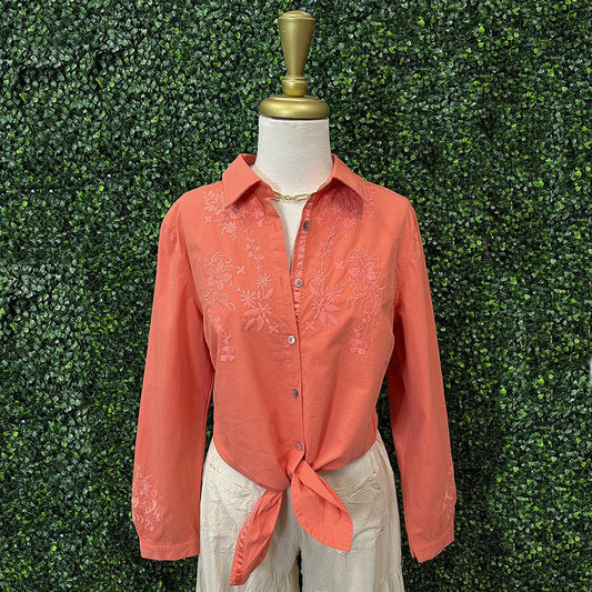 Coral Poplin Embroidered Tie Front Shirt