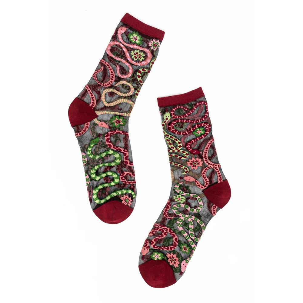 Serpentine Floral Black Sheer Crew Socks