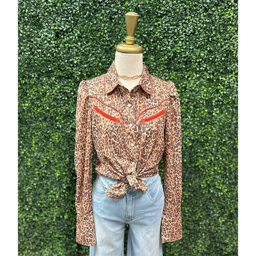 Leopard/Red LS Pearl Snap Top