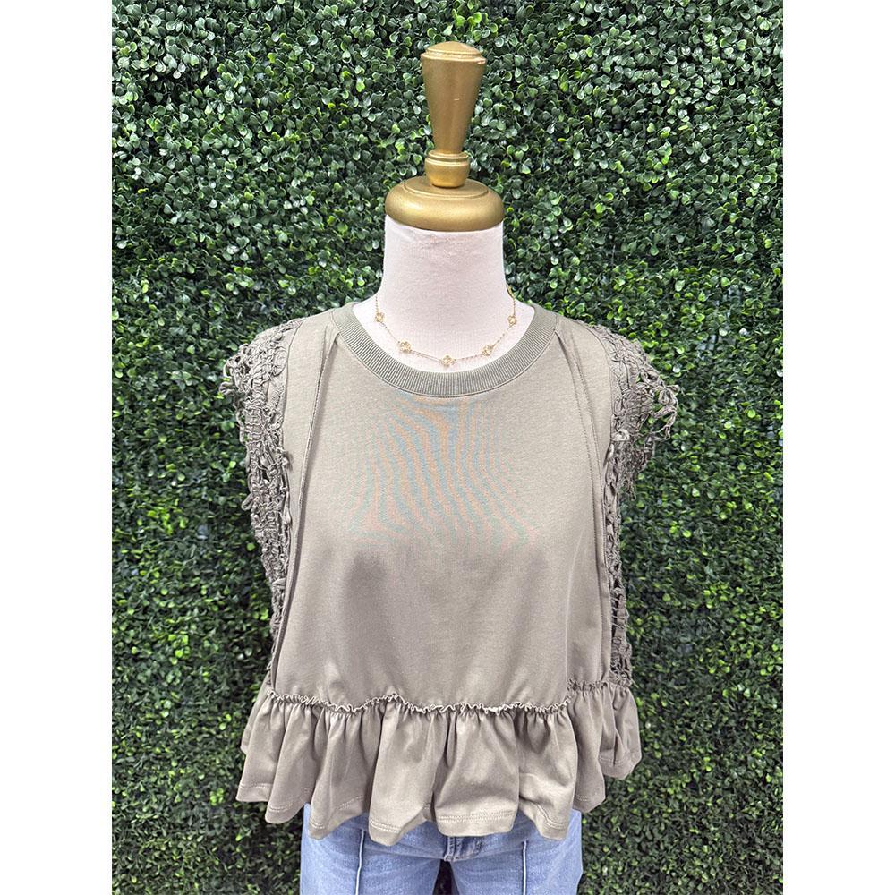 Jenna Olive Side Lace Trim Ruffle Hem Top
