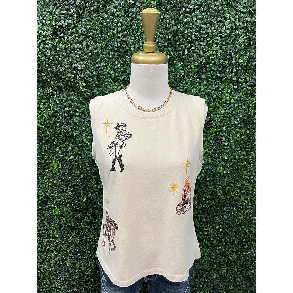 Sand Western Motif Sleeveless Top