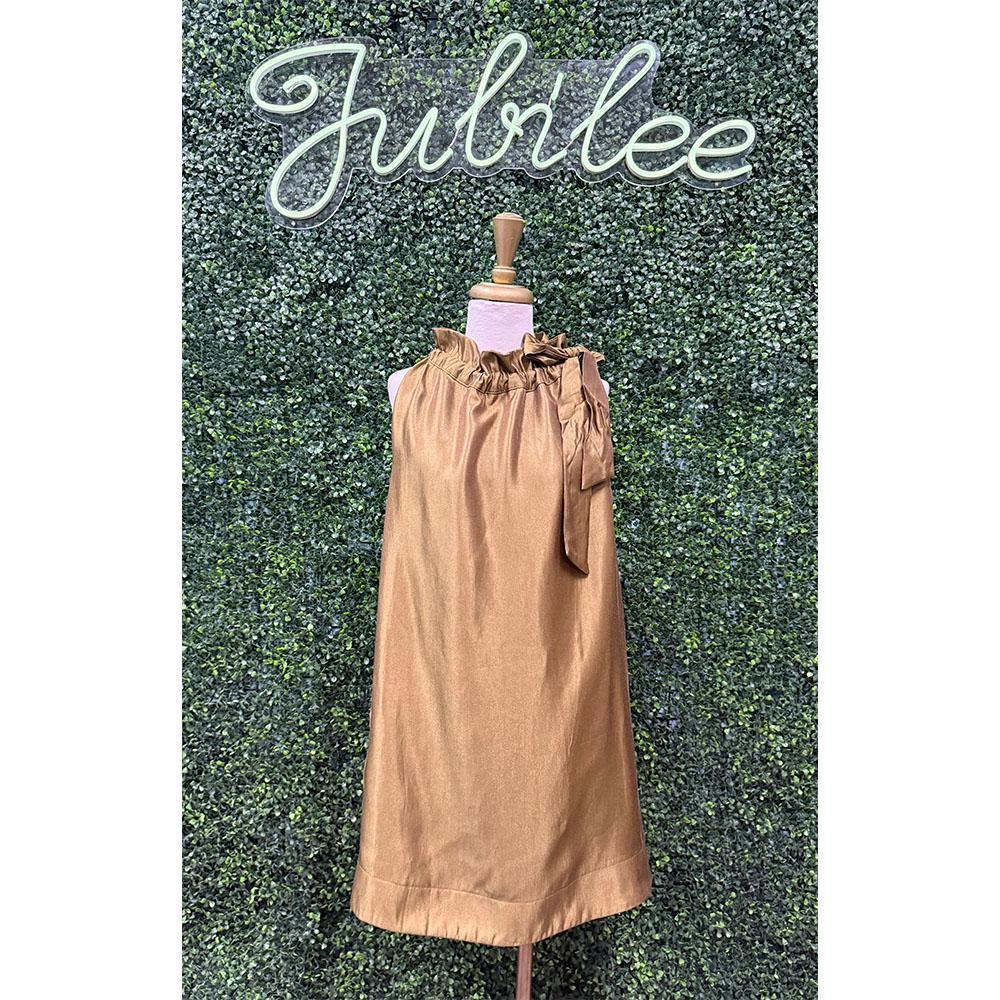 Calypso Olive Glossy Tie Neck Mini Dress