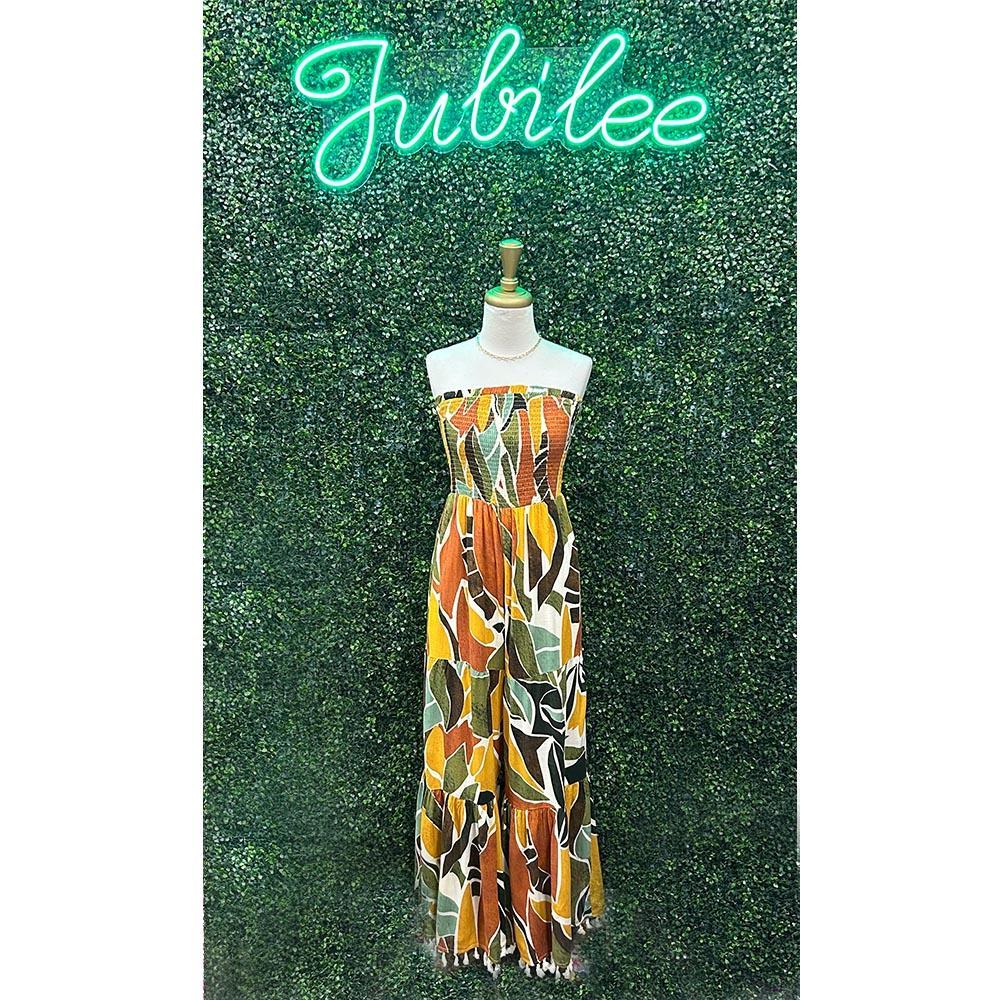 Renia Tropical Eve Strapless Smocked Jumpsuit