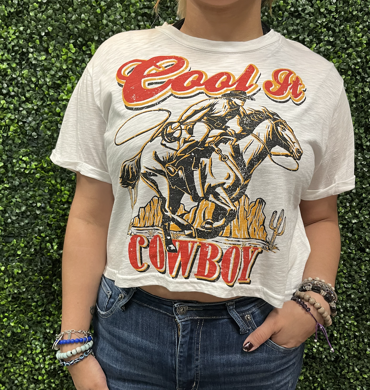 White Cool It Cowboy Crop Top Tee