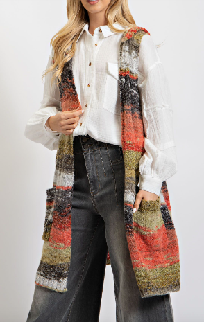 Sage Stripe Sleeveless Knitted Sweater Cardigan