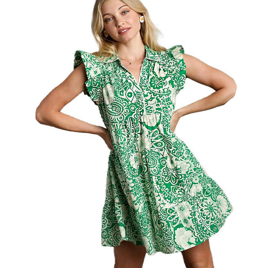 Green Tropical Print Babydoll Dress