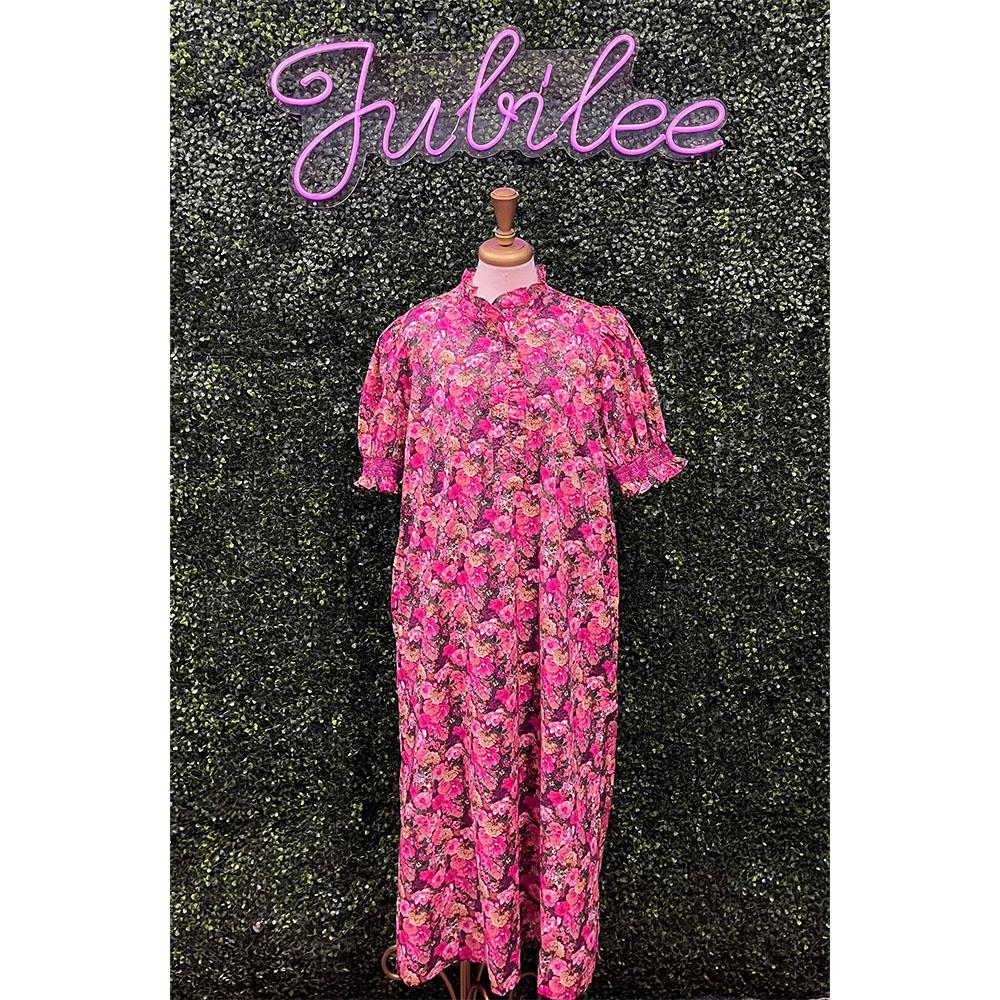 Magenta Floral Puff Sleeve Midi Dress