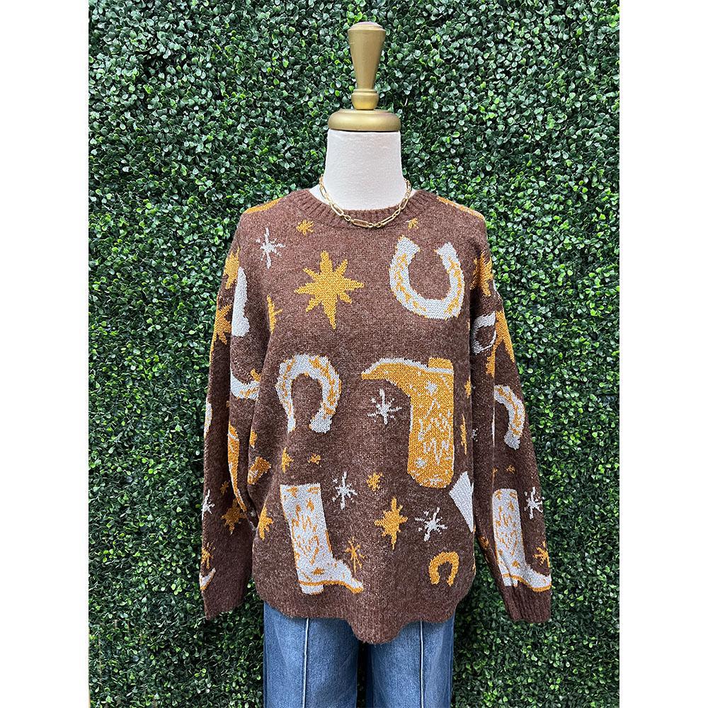 Brown Horseshoe Fuzzy Printed Long Sleeve Sweater