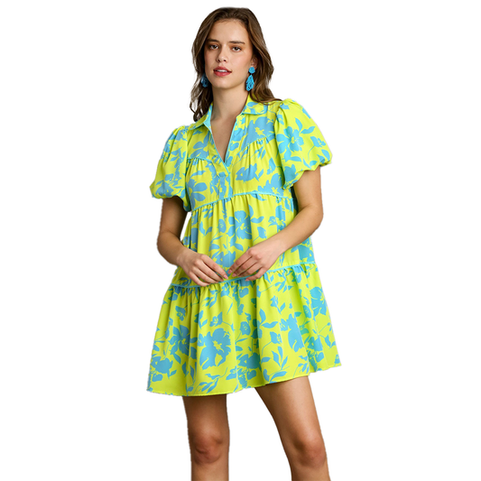 Neon Lime & Blue Floral Puff Sleeve Mini Dress