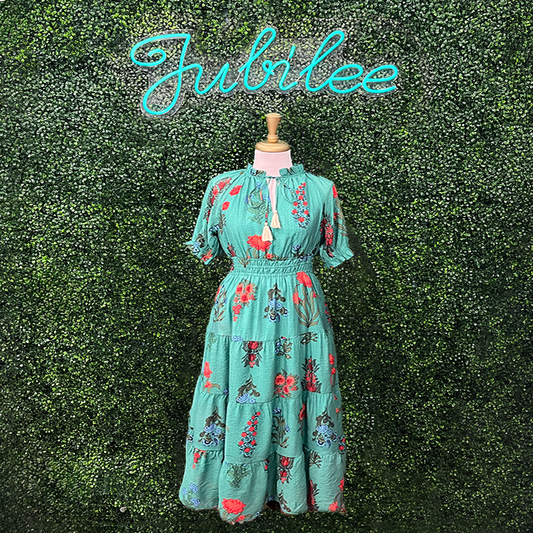 Tiya Green Tiered Flower Print Dress