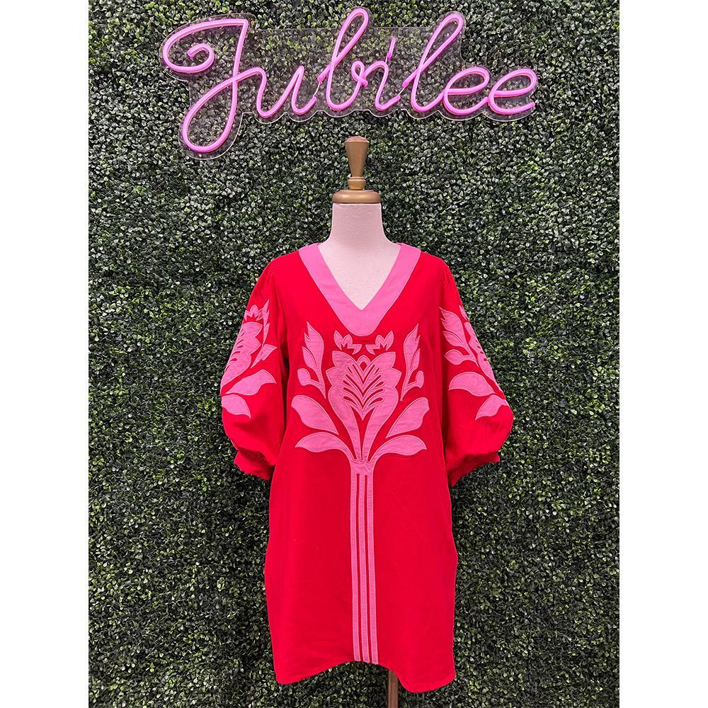 Sandi Red Baruque Floral Applique Shift Dress