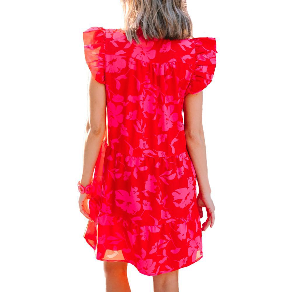 Red & Pink Floral Tiered Mini Dress