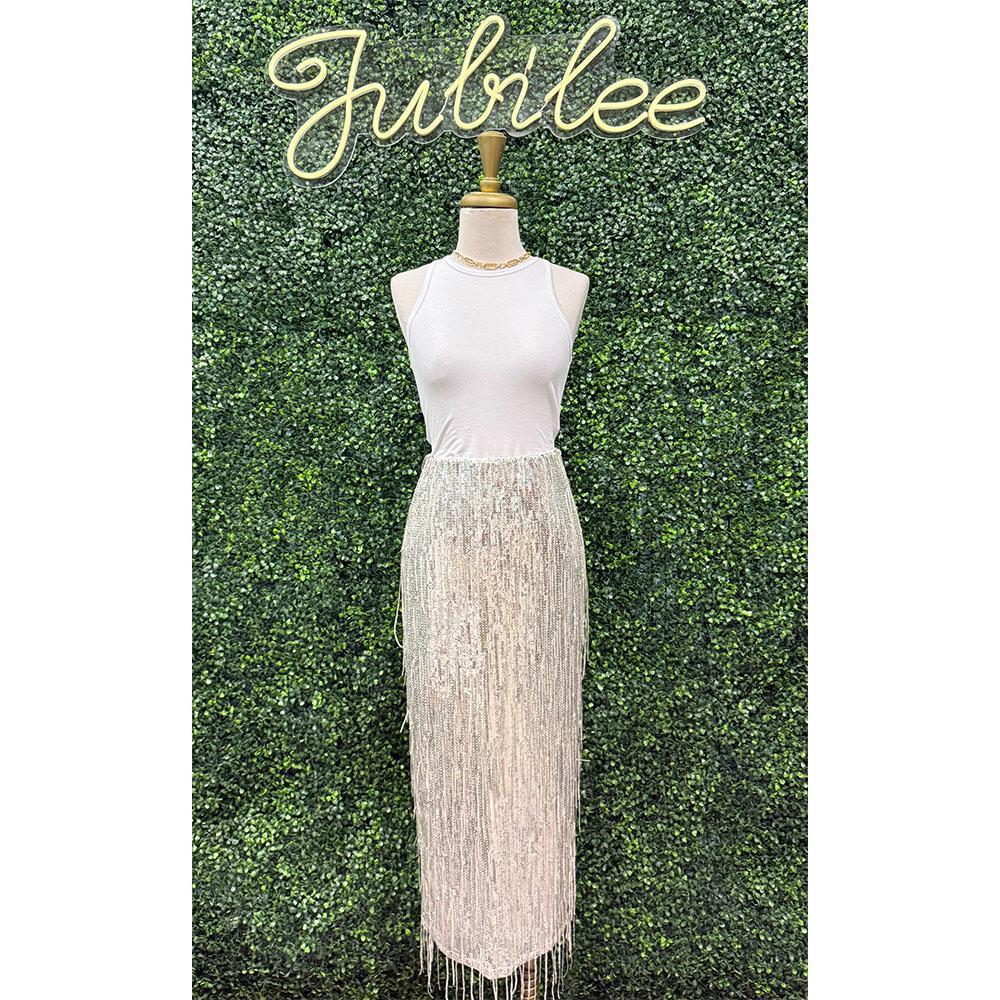 Trulia Silver Sequin Fringe Skirt