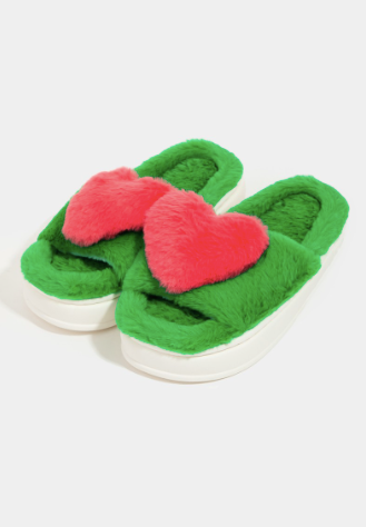 Green Fuzzy Heart Slippers