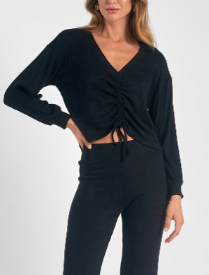 Black Long Sleeve Front Cinch Top