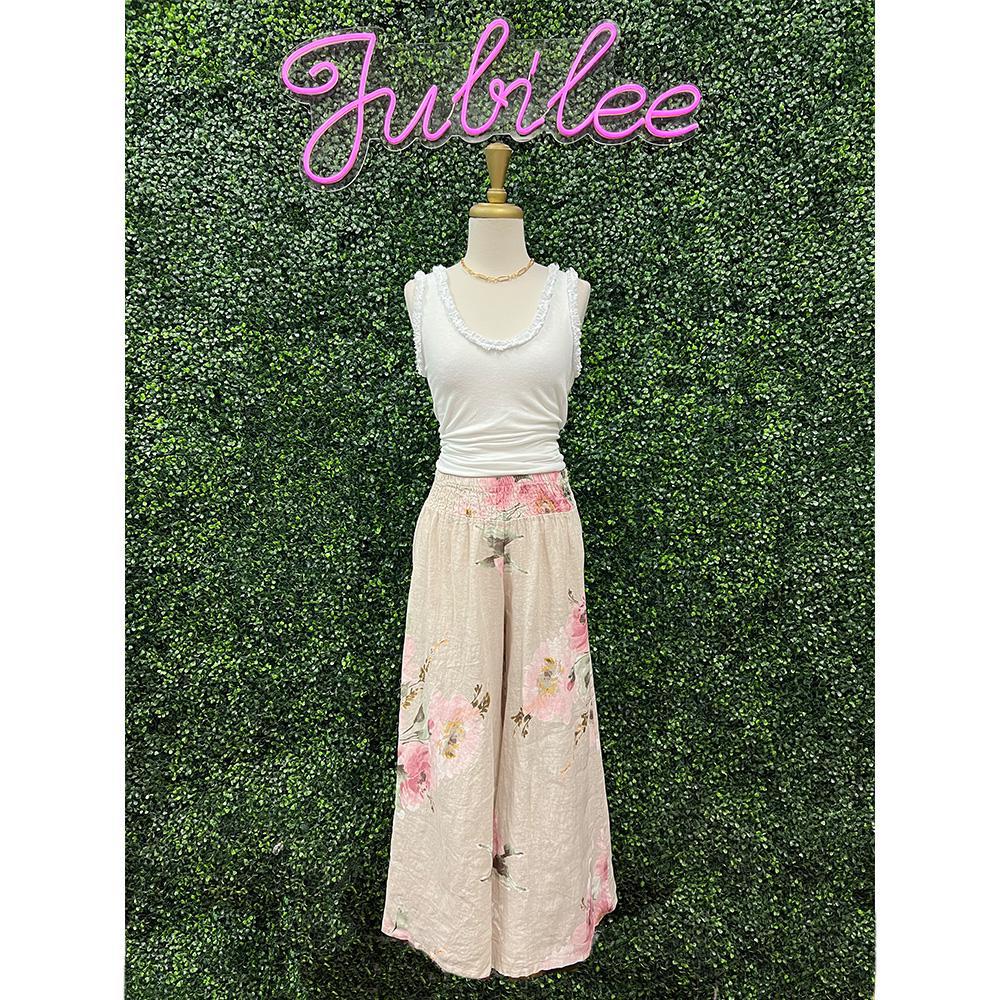 Beige Peony Linen Pants