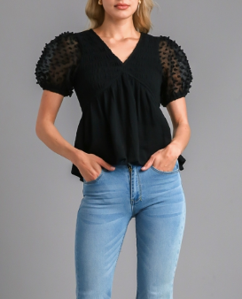 Black 3D Floral Puffed Sleeve Top