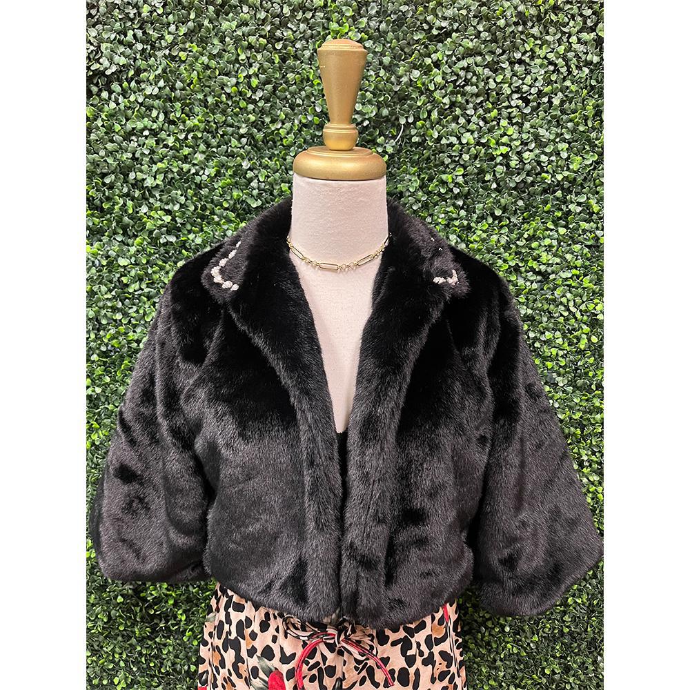 Black Faux Fur Embellished Cropped Jacket