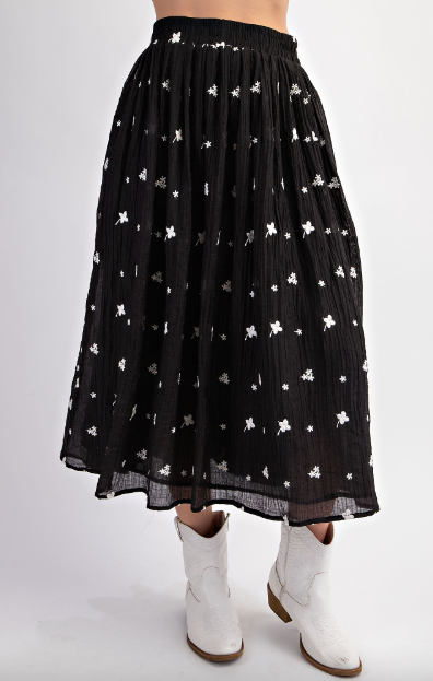 Black Floral Embroidery Crepe Skirt