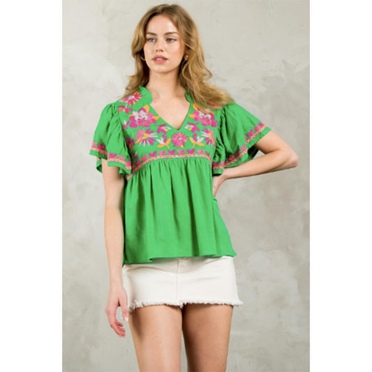 Green Flutter Sleeve Embroidered Detail Top