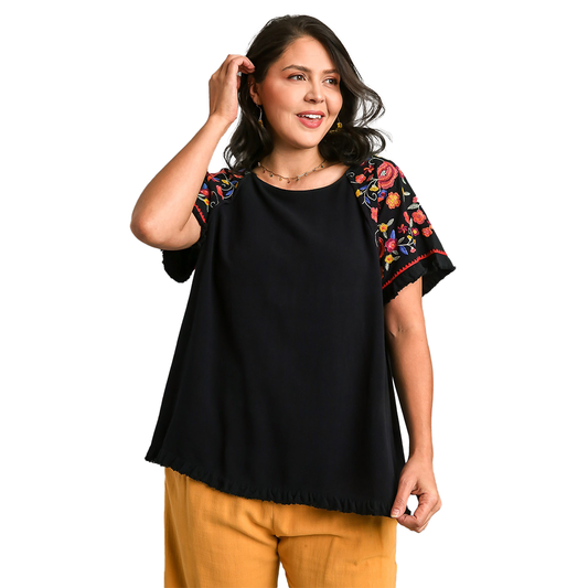 Black Linen Cotton Embroidered Top